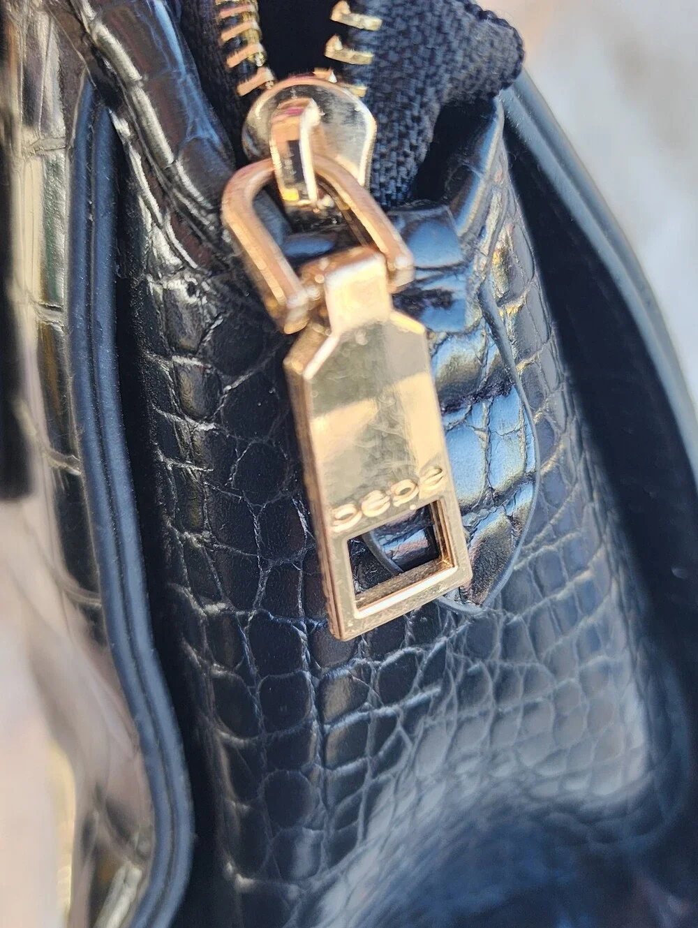 bebe Black Croc-Embossed Patent Satchel with Silver Logo
